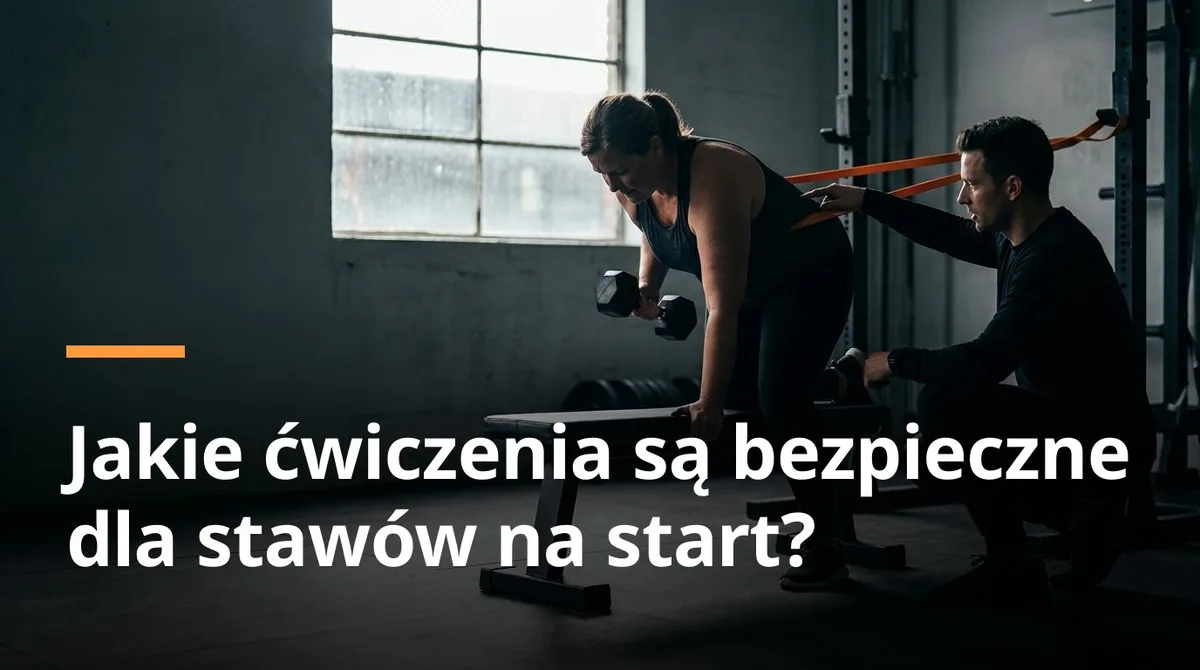Kobieta wiosłuje hantlem w podporze na ławce, trener koryguje ustawienie pleców