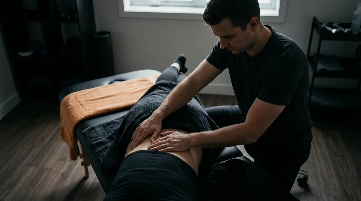 Fizjoterapeuta pracuje dłońmi na dolnym odcinku pleców leżącego pacjenta