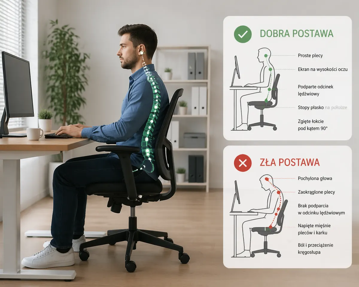 porównanie prawidłowej i nieprawidłowej postawy przy siedzeniu przy biurku