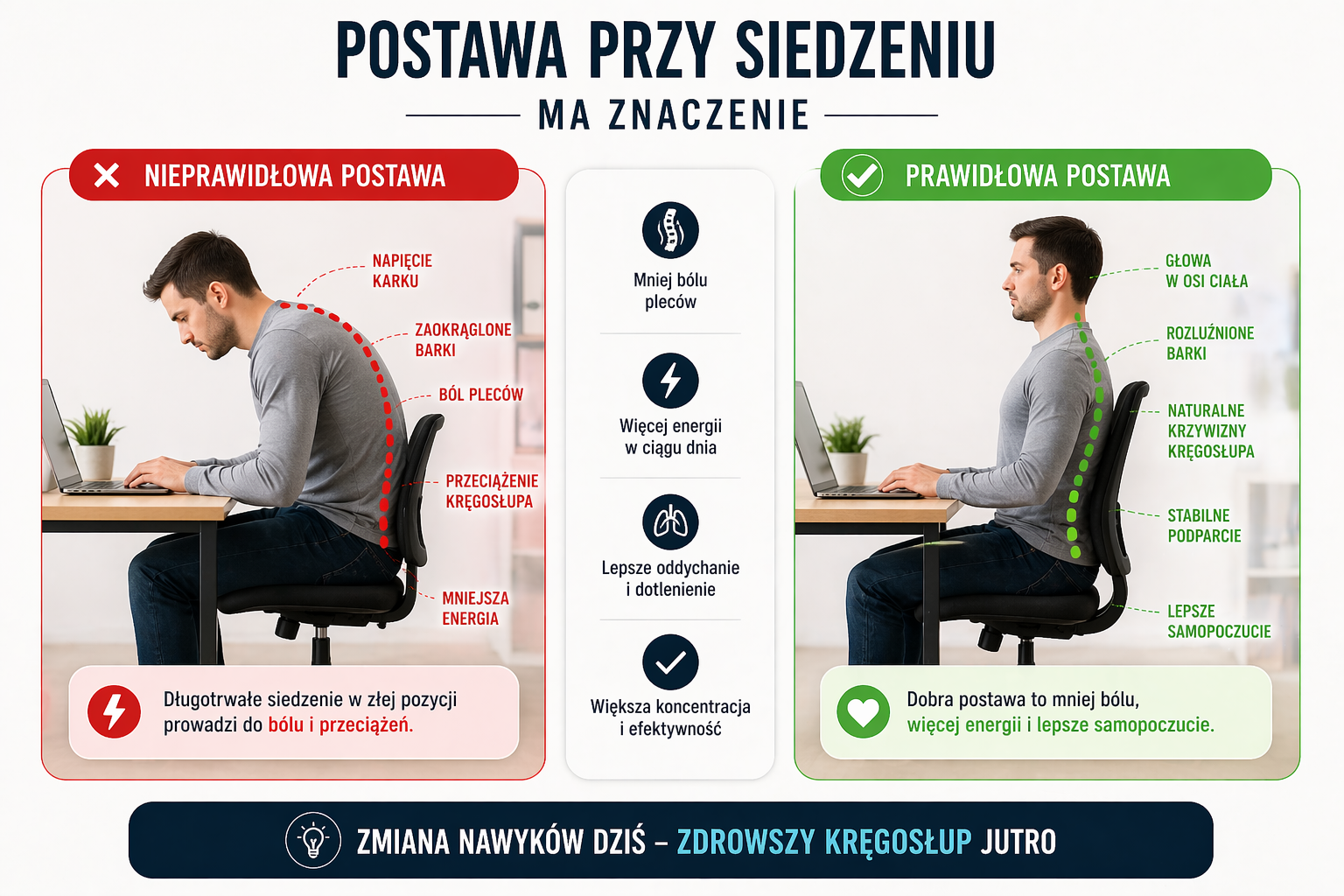 prawidłowa i nieprawidłowa postawa przy siedzeniu – wpływ na kręgosłup